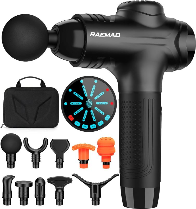 Photo 1 of RAEMAO Massage Gun Deep Tissue, Back Massage Gun for Athletes for Pain Relief Attaching 10 PCS Specialized Replacement Heads, Percussion Massager with 10 Speeds & LED Screen, Black
