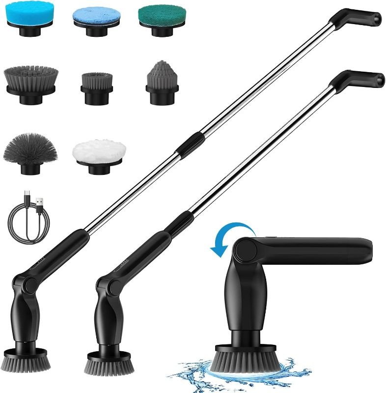 Photo 1 of Leebein Electric Spin Scrubber, Cordless Cleaning Brush with 8 Replaceable Brush Heads, Adjustable Extension Handle, 2 Speeds & Remote Control, Power Scrubber for Cleaning Bathroom, Shower, Tub, Floor
