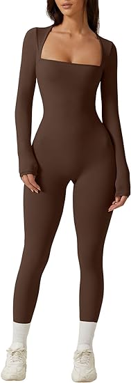 Photo 1 of (M) QINSEN Womens Sexy Square Neck Long Sleeve Full Length Leggings Bodycon Stretch Jumpsuit Size MEDIUM 
