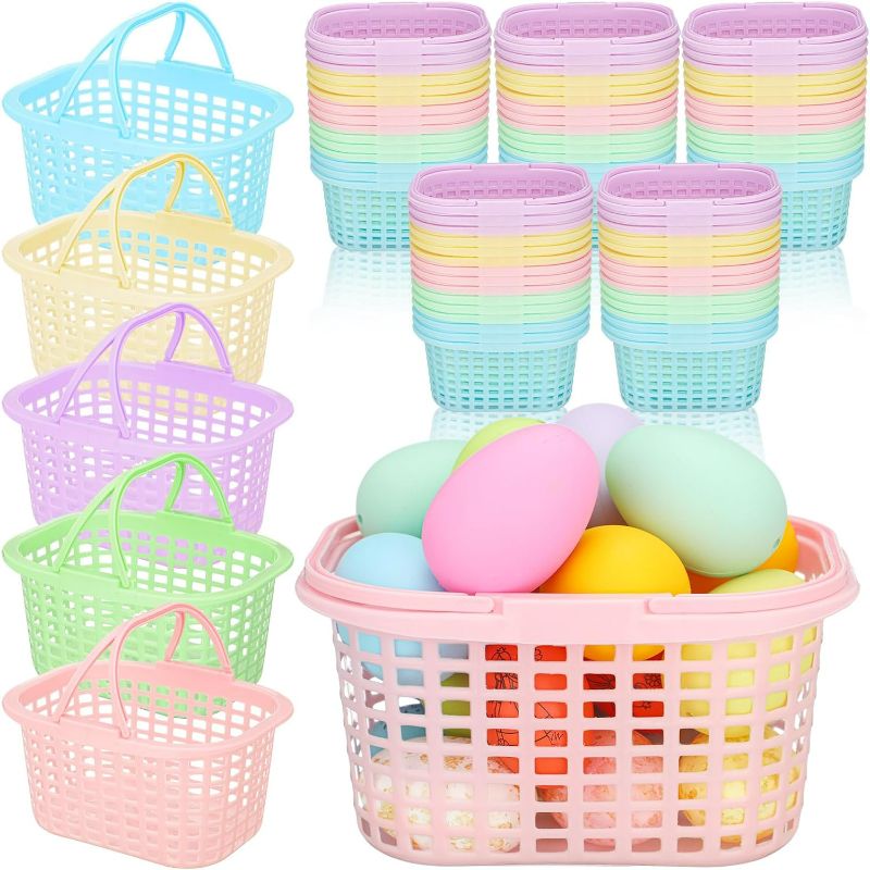 Photo 1 of 60 Pcs Pastel Plastic Easter Baskets Bulk Small Colorful Plastic Baskets with Handles Easter Gift Wrap Basket for Easter Party Egg Hunts Easter Eggs Party Favor for Kids

