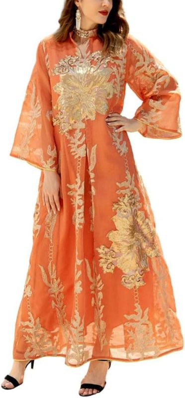 Photo 1 of (M) Womens Muslim Abaya Dress One-Piece V Neck Applique Embroidery Maxi Dress Loose Full Cover Islamic Dubai Robe Kaftan Size MEDIUM  

