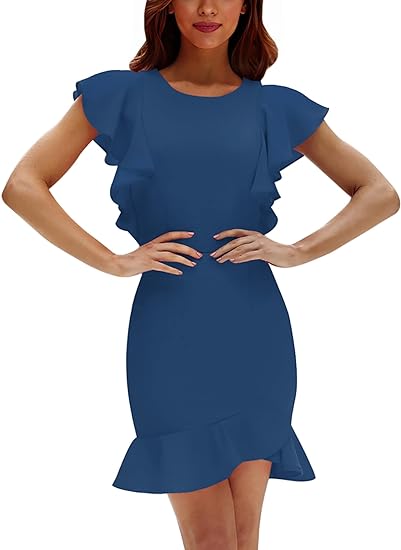 Photo 1 of (S) AIMCOO Women's Summer Flutter Sleeves Mini Dress Crewneck Ruffle Hem Casual Mini Dresses Elegant Solid Bodycon Dress Size SMALL
