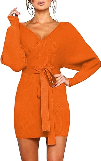 Photo 1 of (M) Viottiset Women's V Neck Long Batwing Sleeve Wrap Midi Knit Sweater Dress Elegant Backless with Belt Slit Size MEDIUM 
