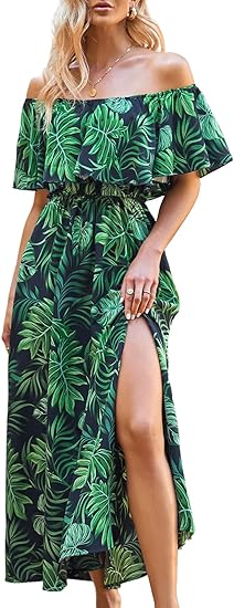 Photo 1 of (M) CUPSHE Women's Dresses for Summer A Line Dresses Off Shoulder Ruffle Maxi Tropical Printed Dress Size MEDIUM 
