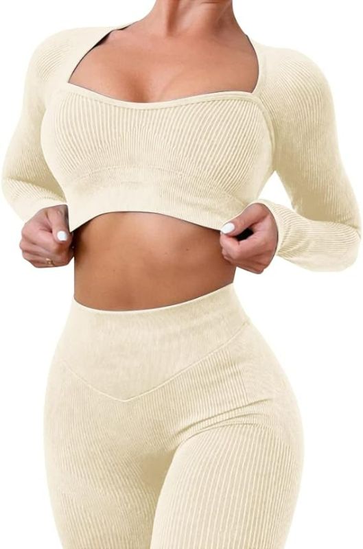 Photo 1 of (XS) ABOCIW Workout Sets for Women Seamless Ribbed Sweetheart Neck Long Sleeve Crop Top Scrunch Butt High Wasit Legging Sets Size X-SMALL
