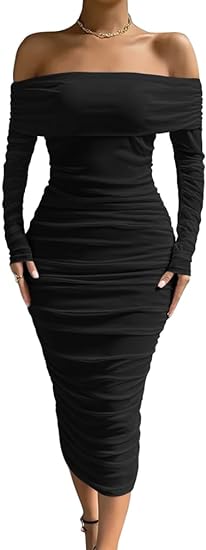 Photo 1 of (M) Women Sexy Off Shoulder Long Sleeve Bodycon Ruched Midi Elegant Cocktail Party Dress Size MEDIUM 
