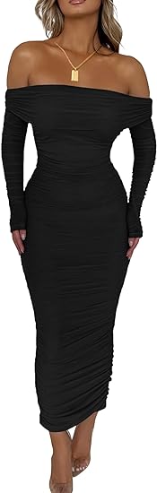 Photo 1 of (S) PRETTYGARDEN Womens Fall Off Shoulder Maxi Bodycon Dress Long Sleeve Ruched Fitted Club Dresses With Slit Size SMALL
