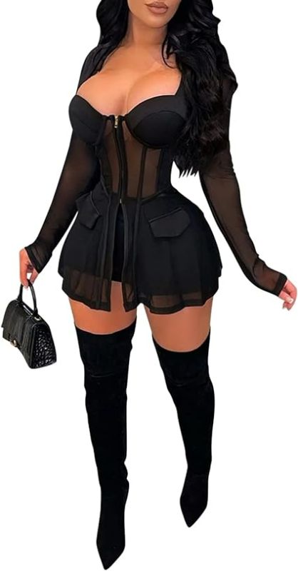 Photo 1 of (M) CUTUBLY 2 Piece Outfits for Women Clubwear See Through Bodycon Long Sleeve Party Club Romper Corset Jumpsuit 
Size MEDIUM 