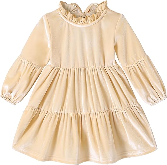 Photo 1 of (5T) Toddler Kids Baby Girl Dress Lantern Long Sleeve Solid Color Casual Dresses Girls Outfit Clothes for 5T
