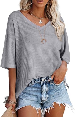 Photo 1 of (XL) SHEWIN Women's Casual V Neck Waffle Knit Tunic Tops Batwing Short Sleeve Shirts Loose Blouses Size X-LARGE 
