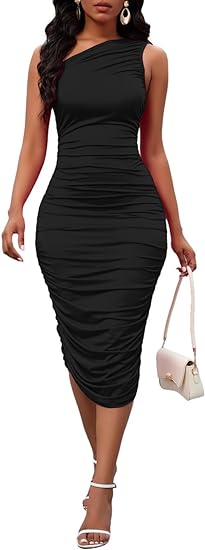 Photo 1 of (L) Women's Sexy One Shoulder Dresses Sleeveless Party Club Ruched Cocktail Wedding Guest Bodycon Midi Dress Size LARGE 
