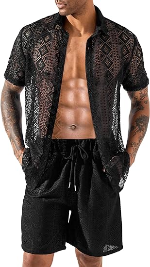 Photo 1 of (XL) LecGee Men Summer Casual Short Sets Lace Short Sleeve Button Down Shirt Elastic Waist Shorts 2 Piece Outfits Tracksuit Size X-LARGE 
