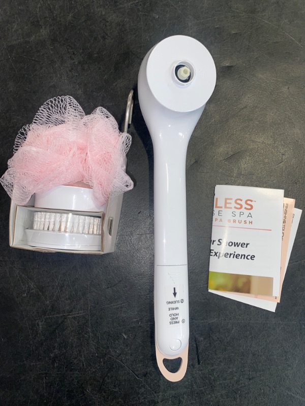 Photo 2 of Flawless Cleanse Spa Shower Wand - Cordless Spinning Bath Brush with 4 Attachments - Loofah, Cleansing, Massage, Pumice Stone Heads