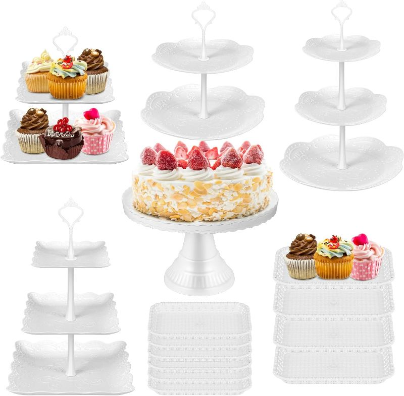 Photo 1 of Zhehao 15 Pcs Dessert Table Display Set Tiered Cupcake Stands Serving Tray Plastic 2 Tier 3 Tier Cake Stands Round Cake Stand Candy Fruit Display Tower for Wedding Birthday Party(White)
