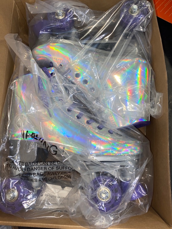 Photo 2 of Size 6 - Roller Skates for Women, Holographic High Top PU Leather Rollerskates, Shiny Double-Row Four Wheels Quad Skates for Girls and Age 8-50 Indoor Outdoor (Silver Purple) (Size 6)
