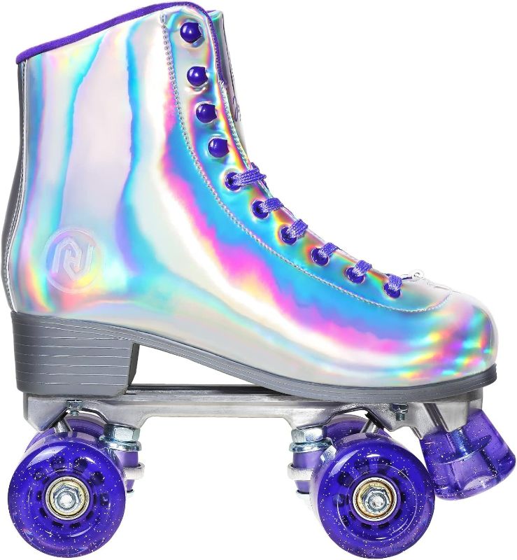 Photo 1 of Size 6 - Roller Skates for Women, Holographic High Top PU Leather Rollerskates, Shiny Double-Row Four Wheels Quad Skates for Girls and Age 8-50 Indoor Outdoor (Silver Purple) (Size 6)
