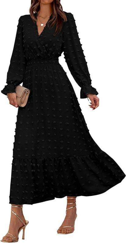 Photo 1 of BTFBM ( Size Small ) Women Fall Dresses 2024 Long Sleeve V Neck Swiss Dots Maxi Dress Boho Long Dress High Waisted A-Line Ruffle Dress, 