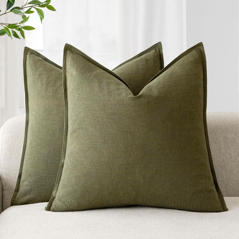 Photo 1 of Foindtower Pack of 2, Decorative Linen Soild Throw Pillow Covers Soft Accent Cushion Case Boho Farmhouse Pillowcase for Chair Couch Sofa Bedroom Living Room Home Decor 18 x 18 Inch Olive Green

