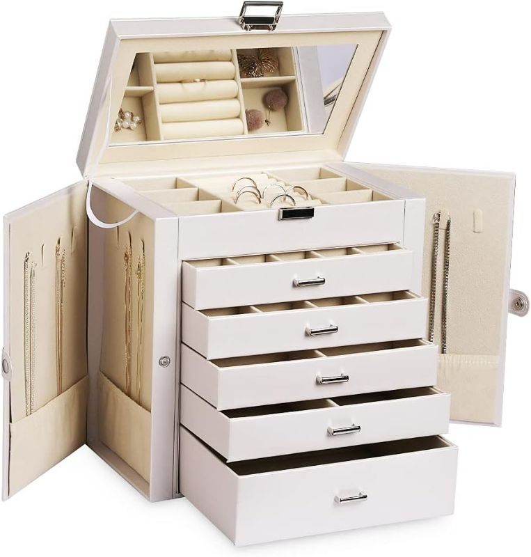 Photo 1 of Frebeauty Large Jewelry Box,6-Tier PU Leather Jewelry Organizer with Lock,Multi-functional Storage Case with Mirror,Accessories Holder with 5 Drawers for Necklace Bracelets Watches(Pearl White)
