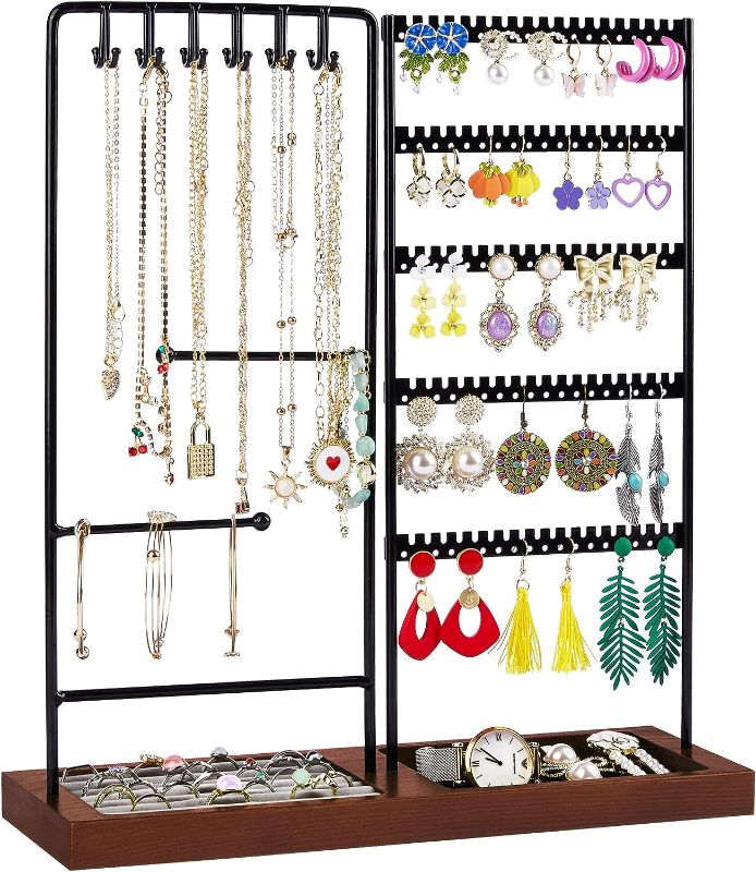 Photo 1 of Vtopmart Jewelry Holder Organizer Stand Tree for Earring Necklace Ring Bracelets Display and Storage, with 90 Holes, 12 Hooks, Ring Tray, Black+ Walnut
