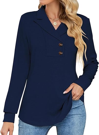Photo 1 of Micoson ( Size Medium) Women's Long Sleeve Button Lapel Tunic Tops V Neck Business Casual Swing Sweatshirt Pullover
