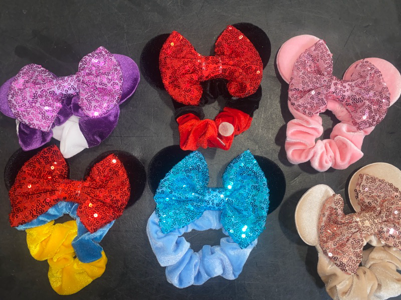 Photo 2 of 6 Pack Mouse Mickey Ears Scrunchies Velvet Sparkle Sequin Minnie Bows Hair Scrunchies Hair Ties Elastic Rubber Bands Ponytail Holders for Kids Women Girls Adult Christmas Party Decoration
