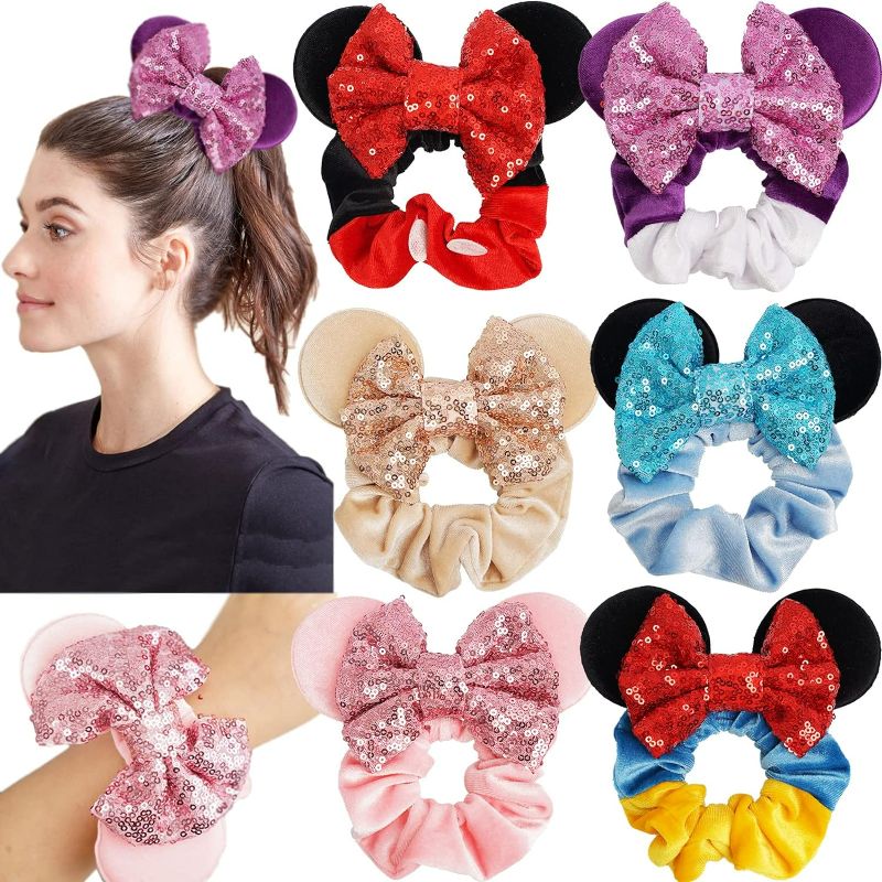 Photo 1 of 6 Pack Mouse Mickey Ears Scrunchies Velvet Sparkle Sequin Minnie Bows Hair Scrunchies Hair Ties Elastic Rubber Bands Ponytail Holders for Kids Women Girls Adult Christmas Party Decoration
