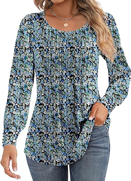 Photo 1 of Women's ( Size Medium) Puff Long Sleeve Tunic Tops Pleated Crew Neck Blouses Dressy Casual Loose Summer and Fall T-Shirts 

