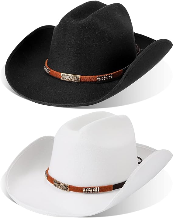 Photo 1 of 2 Pcs Cowboy Hat for Men Women Western Style Felt Cowboy Wedding Hats Cowgirl Hat Belt Buckle Halloween Party Costumes
