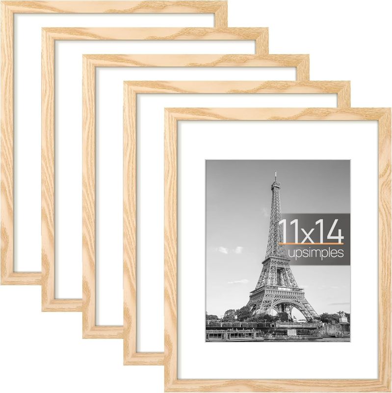 Photo 1 of upsimples 11x14 Picture Frame Set of 5, Display Pictures 8x10 with Mat or 11x14 Without Mat, Wall Gallery Photo Frames, Natural
