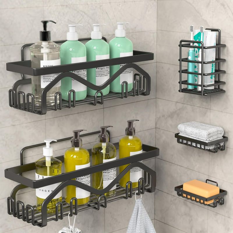 Photo 1 of Coraje Shower Caddy, Shower Shelves [5-Pack], Adhesive Shower Organizer No Drilling, Large Capacity, Rustproof Stainless Steel Bathroom Shower Organizer, Shower Shelf for Inside Shower (Black)
