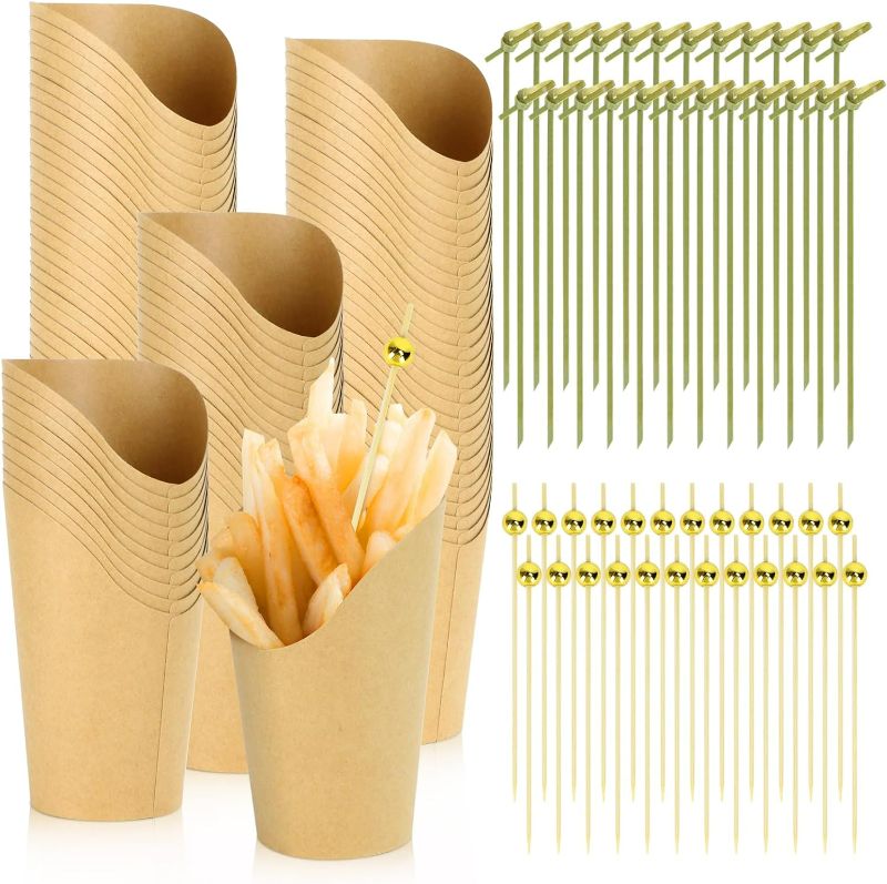 Photo 1 of 60pcs French Fries Holder with 200pcs Cocktail Picks, 12oz Disposable Kraft Paper French Fry Cups Charcuterie Cups Paper Popcorn Boxes
