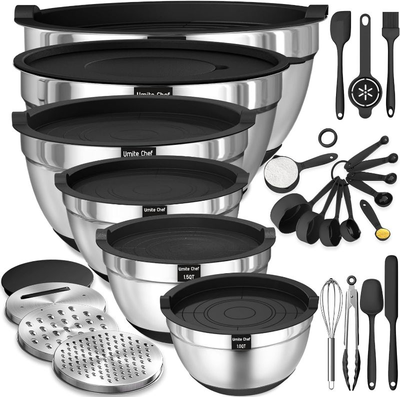 Photo 1 of Umite Chef Mixing Bowls with Airtight Lids, 26Pcs Stainless Steel Bowls Set, 3 Grater Attachments & Black Non-Slip Bottoms Size 7, 4, 2.5, 2.0,1.5, 1QT, Great for Mixing & Serving
