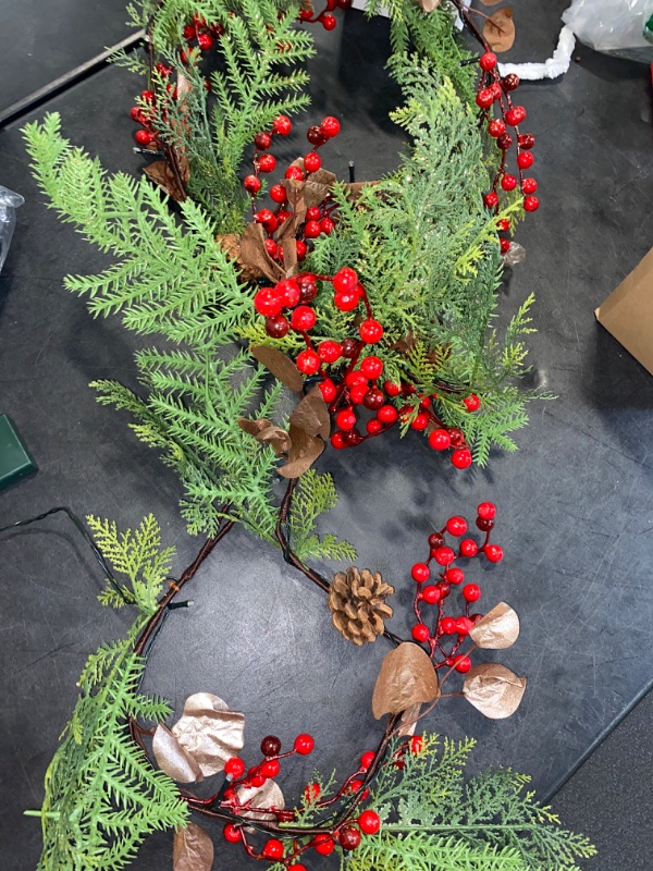 Photo 2 of 6.25 FT Christmas Garland with 20 LED Lights, Artificial Mixed with Red Berries and Pine Cone Greenery Pine Garland, Battery Operated, Mantle, Front Door, Stairs Railing Xmas Decorations
