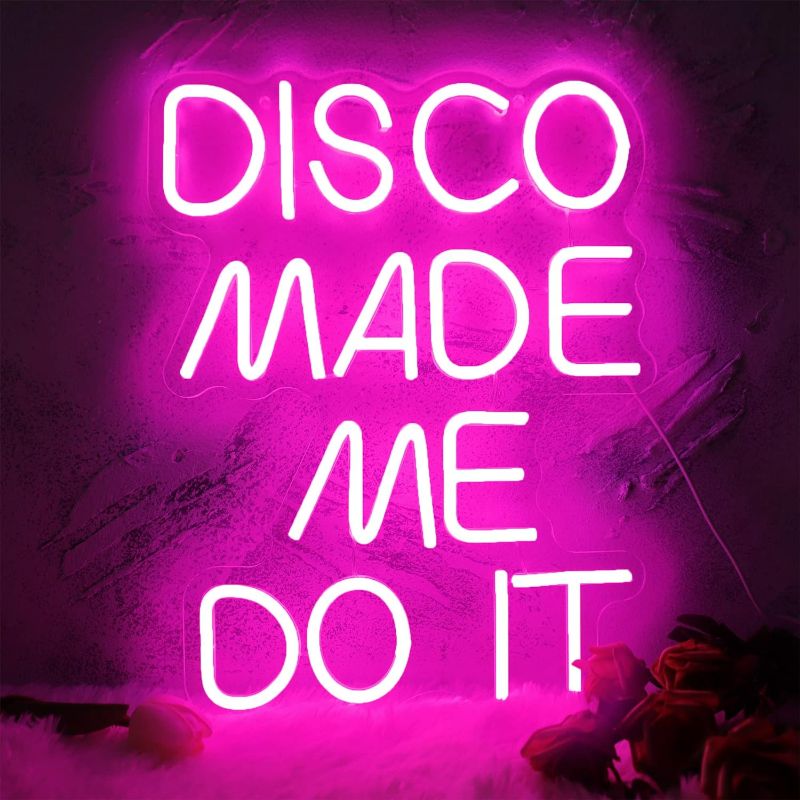 Photo 1 of Disco Made Me Do It Led Neon Light Signs for Wall Decor, Pink Neon Light Signs for Bedroom Bachelorette Party Birthday Wedding Engagement Party Bar Club Neon Sign Art GIft(12.4 * 16.1in)
