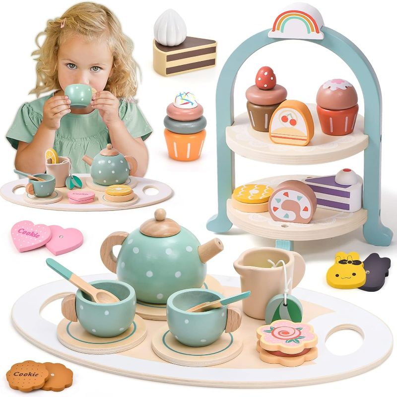 Photo 1 of Atoylink Wooden Tea Party Set for Little Girls 28 Pcs Toddler Tea Set with Cupcake Stand & Food Pretend Play Accessories Kids Kitchen Playset Wooden Toys for 2 3 4 5 6 Year Old Girl Birthday Gift
