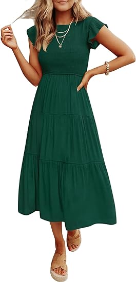 Photo 1 of MEROKEETY ( Size Medium) Women's Flutter Short Sleeve Smocked Midi Dress Summer Casual Tiered A-Line Dress
