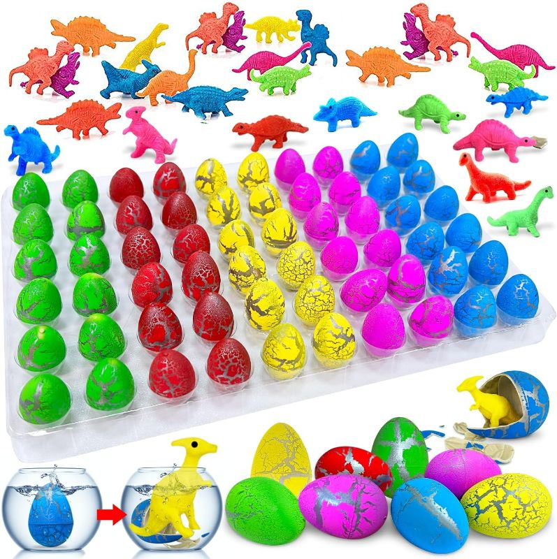 Photo 1 of iGeeKid 60 Pack Dinosaur Eggs Hatching Dinos Egg Grow in Water Crack with Assorted Color Hunting Game Birthday Party Favors for Toddler Kids 3-10 Boys Girls
