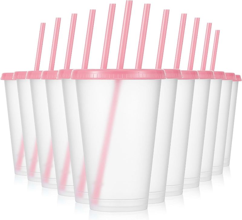 Photo 1 of Mifoci 12 Pcs Plastic Tumbler with Lids and Straws Reusable Plastic Tumblers Bulk Mug Tumbler with Straw and Lid Tumbler Ice Cold Drinking Cup for Water Smoothie Birthday Party (Pink,16oz)
