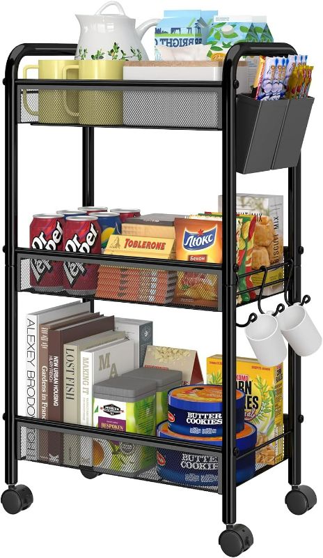Photo 1 of Simple Trending 3 Tier Rolling Storage Cart on Wheels, Utility Organizer Shelves with Box and Hooks for Kitchen Bathroom, Metal Mesh Black
