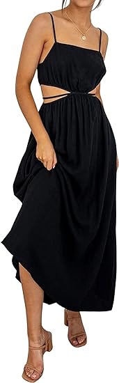 Photo 1 of CHARTOU ( Size Large ) Women's Sexy Spaghetti Strap Cutout Ruffle Maxi Dress High Waist Club Party Flowy Dress
