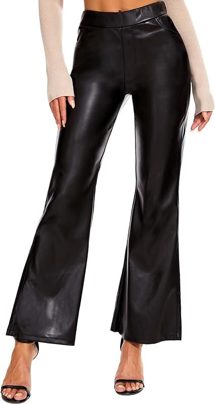 Photo 1 of Ginasy ( Size Small ) Faux Leather Bell Bottom Pants for Women Flare Trousers High Waist Bootcut Pleather Slacks with Pockets
