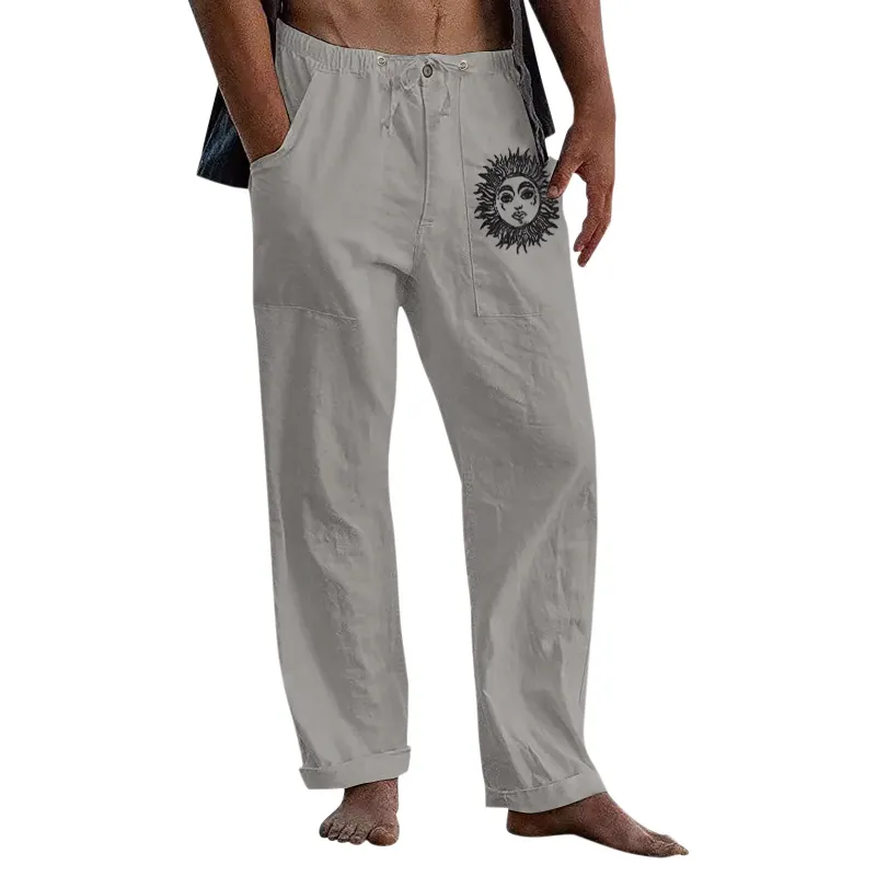 Photo 1 of Medium Mens Casual Sun Print Trouser Full Length Button Pocket Drawstring Pant Trouser Sweatpants Grey