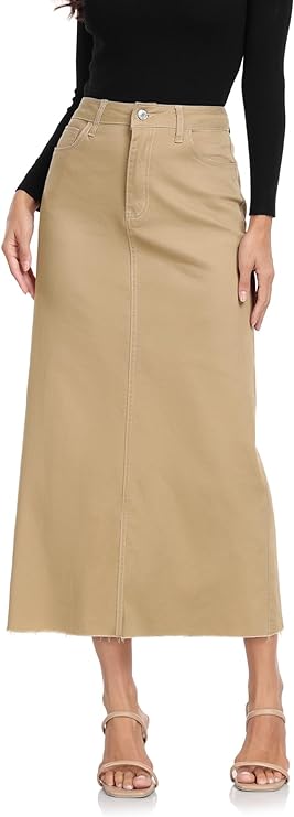 Photo 1 of Size Large Women's Maxi Long Denim Skirts High Waist Frayed Raw Hem Split A line Flare Jean Skirt with Pockets