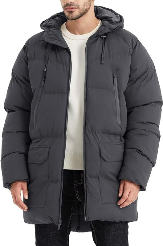 Photo 1 of Size Large Men's Long Winter Coat Hooded Warm Quilted Jacket Water-resistant Cold Weather Parka
