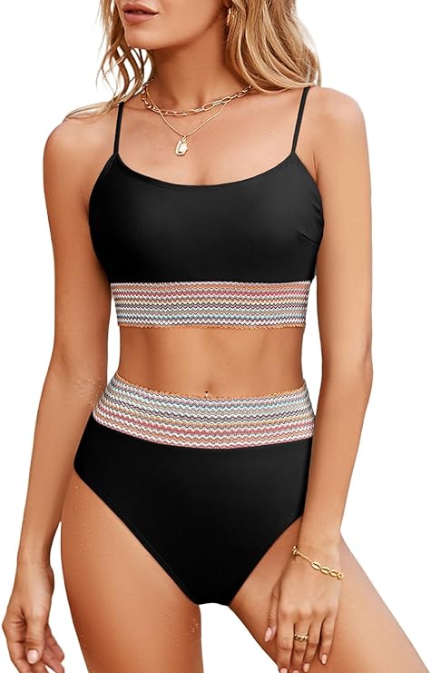 Photo 1 of Size Medium Herseas Women's Bikini Sets Colorblock Trim 2 Piece High Waisted Swimsuit Scoop Neck Adjustable Spaghetti Straps Bathing Suit
