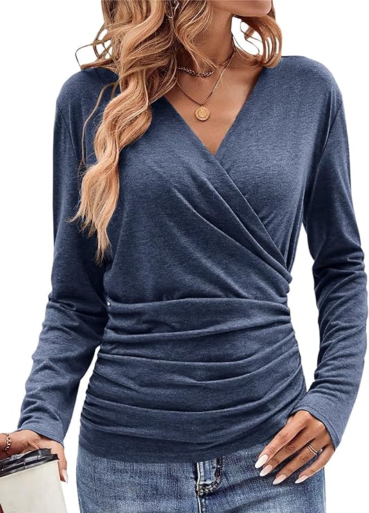 Photo 1 of Size Medium Womens V Neck Long Sleeve Shirts Sexy Wrap Ruched Tops Cute Fitted T Shirts 2024
