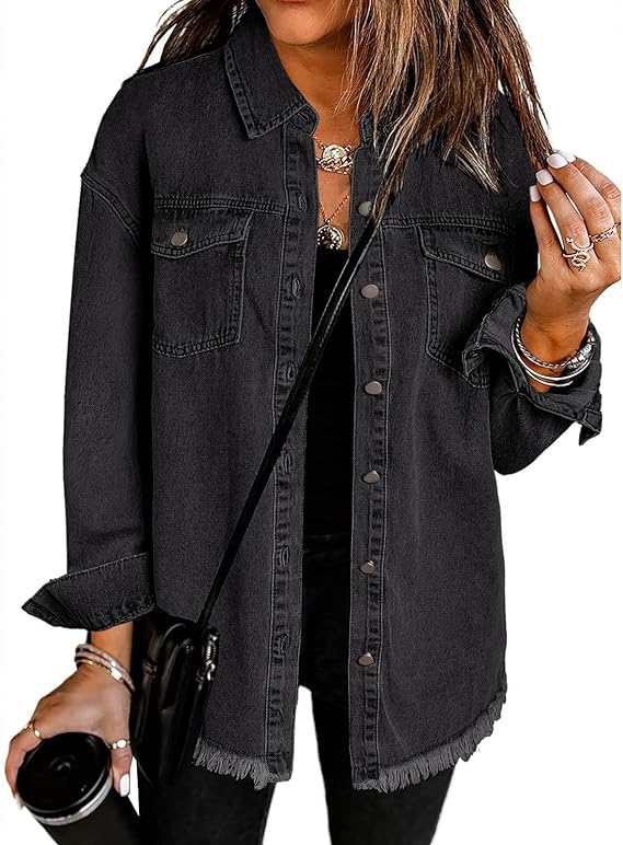 Photo 1 of Size Medium Women’s Oversized Button Up Frayed Hem Shacket Long Sleeve Pockets Denim Jean Jacket
