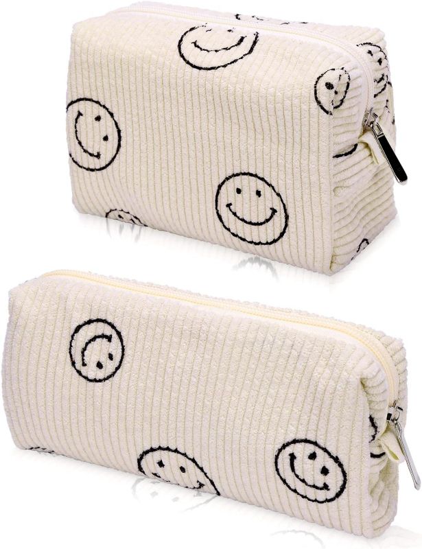 Photo 1 of Smiling Face Makeup Bag, Cute Corduroy Cosmetic Bag, Aesthetic Women Makeup Bag for Purses, cute Dots Makeup Pouch Travel Toiletry Organizer with Zipper for Women…
