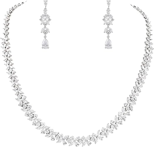 Photo 1 of Silver Wedding Jewelry Sets for Brides Bridesmaids, Prom Costume Jewelry Sets for Women, Elegant Necklace and Earring Sets for Wedding Day (White Gold)
